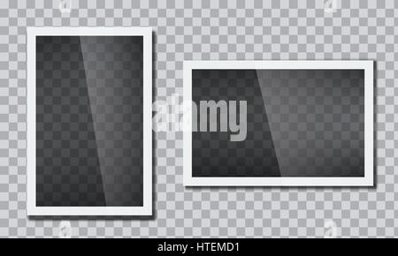 Realistic Glossy Shiny Photo frame with glass effect. White plastic border with transparent background. Vector illustration. Stock Vector