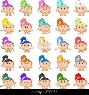 Set of Smilies, Funny Girls with Colorful Hair, Cartoon Icons Symbolising Various Human Emotions and Moods. Vector Stock Vector