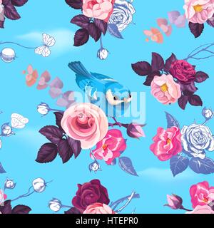 Gorgeous seamless pattern with half-colored wild roses and pretty little bird against blue clear sky on background. Spring bloom. Vector illustration for postcard, greeting card, wrapping paper. Stock Vector