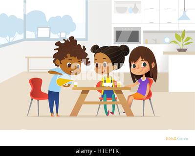 Multiracial children preparing lunch by themselves and eating. Two girls sitting at table and boy pouring orange juice into glass. Kids in dining room concept. Vector illustration for banner, website. Stock Vector