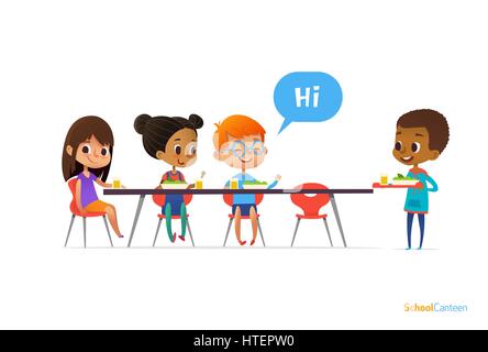 https://l450v.alamy.com/450v/htepw0/multiracial-kids-sitting-at-table-in-school-canteen-and-greeting-newcomer-htepw0.jpg