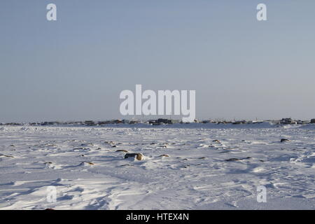 View of Arviat, Nunavut with snow landscape Stock Photo