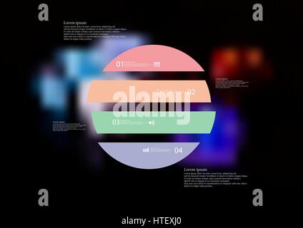 Illustration infographic template with motif of circle horizontally divided to four color standalone sections. Blurred photo with colorful game dices  Stock Vector
