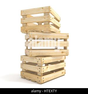 Three empty wooden crate Side view 3D render illustration isolated on white background Stock Photo