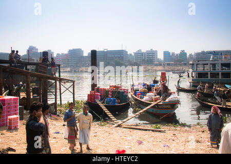 DHAKA, BANGLADESH - FEBRUARY 2017: View over the river with many boats in Sadarghat, the old center of Dhaka in Bangladesh Stock Photo