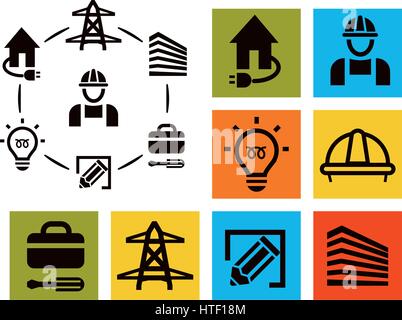 Isolated professional electrician icons set, equipment and tools logos collection, electricity pictogram elements vector illustration Stock Vector