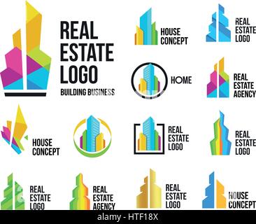 Isolated colorful real estate agency logos set, house logotype collection on white, home concept icons,skyscrapers vector illustration. Stock Vector