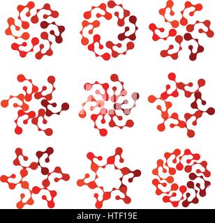 Isolated abstract red color round shape floral logo of connected dots collection, flower logotypes set on white background,nature elements vector illustration Stock Vector