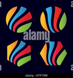 Isolated abstract colorful striped geometric round shape logo and hexagons set on black background Stock Vector