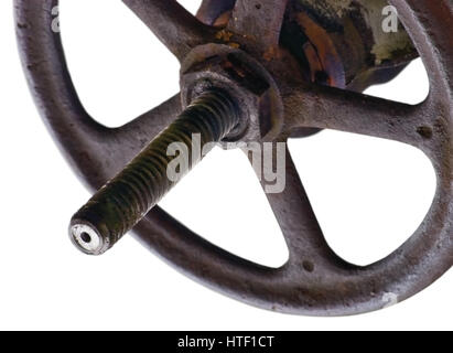 Industrial Valve Wheel And Rusty Stem, Weathered Grunge Rust Latch Closeup Isolated Stock Photo