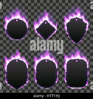 Set of six frames of different shapes with text space surrounded with realistic purple flame isolated on transparent background. Burning fire light ef Stock Vector