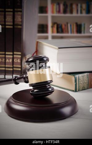 Justice and law symbol in library. law attorney justice gavel themis scale book concept Stock Photo