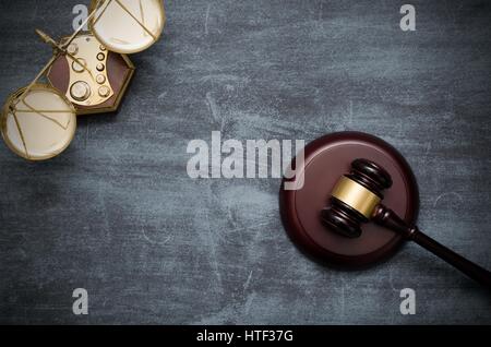 Gavel and scale top view. law attorney lawyer gavel judge scale legal banner concept Stock Photo