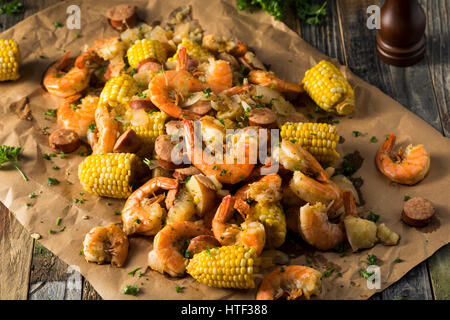 Homemade Traditional Cajun Shrimp Boil with Sausage Potato and Corn Stock Photo