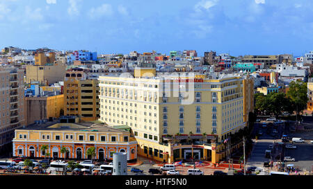 San Juan, Puerto Rico - February 28, 2017:  View of the various architecture, including The Sheraton Hotel and Senor Frog's, as seen from Calle Marina Stock Photo