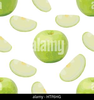 Green apple with slice seamless pattern on white background Stock Vector