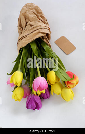Happy mothers day with meaningful handmade gift, tulip flower bouquet from clay, gratitude and thank mom for love in special day Stock Photo