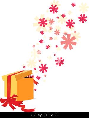 opened yellow gift box with red flowers in it Stock Vector