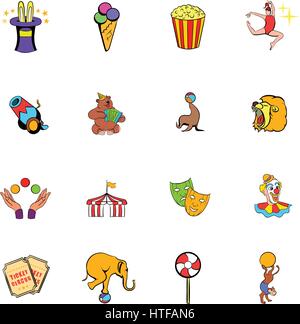 Circus comics icons set in cartoon style isolated on white background vector illustration Stock Vector