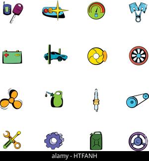 Car service maintenance comics icons set in cartoon style isolated on white background vector illustration Stock Vector