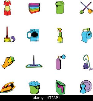 Cleaning comics icons set in cartoon style isolated on white background vector illustration Stock Vector