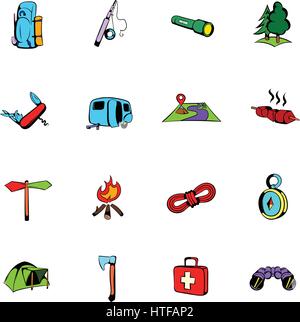 Camping comics icons set in cartoon style isolated on white background vector illustration Stock Vector