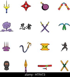 Ninja weapon icons set in cartoon style isolated on white background vector illustration Stock Vector