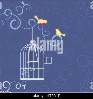 two birds in love out from cage Stock Vector