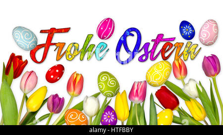 colorful german happy easter background tulips eggs nest basket isolated on white Stock Photo