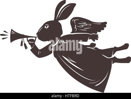 Easter symbol. Rabbit plays the trumpet. Vector illustration Stock Vector