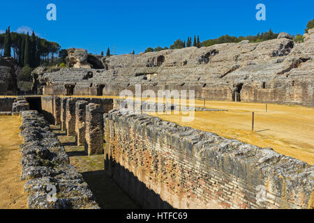 Roman city of Italica, near Santiponce, Seville Province, Andalusia, southern Spain. The amphitheatre. Stock Photo