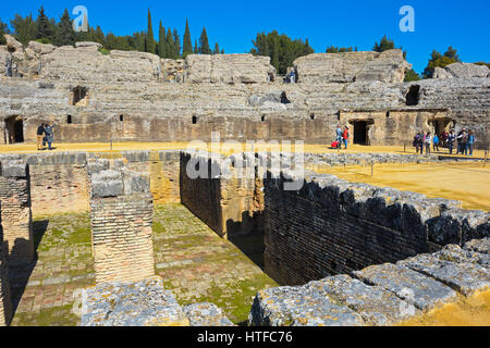 Roman city of Italica, near Santiponce, Seville Province, Andalusia, southern Spain. The amphitheatre. Stock Photo