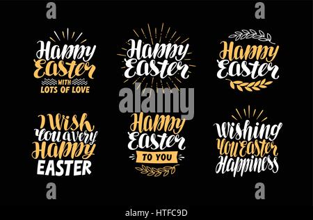 Happy Easter, greeting card. Holiday label set. Lettering, calligraphy vector illustration
