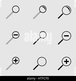 Flat black icons search on a white background, vector illustration. Stock Vector
