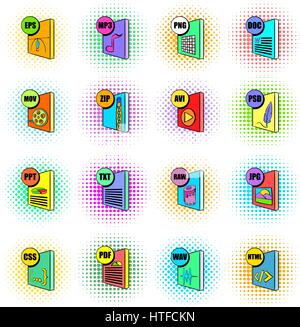 File format icons set, pop-art style Stock Vector