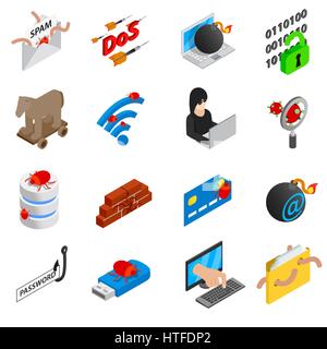 Hacking icons set, isometric 3d style Stock Vector