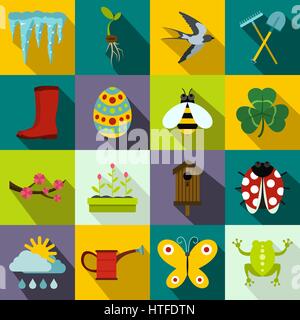Spring icons set, flat style Stock Vector