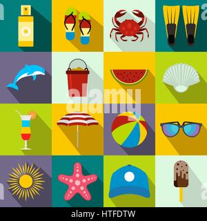 Summer icons set, flat style Stock Vector