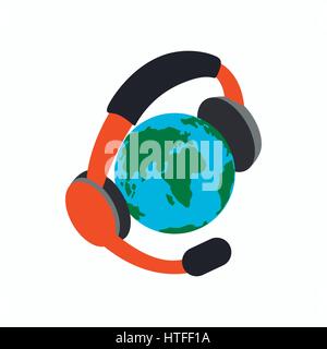 Globe with headphones icon, isometric 3d style Stock Vector