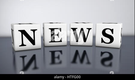 News sign and word on cubes with reflection on desk 3D illustration. Stock Photo