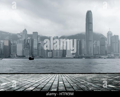 Hong Kong skyline black and white in a foggy day. Stock Photo