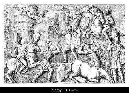 Vintage engraving representing the destruction of a German village by hand of Roman soldiers, scene carved on the victory colunm of Marcus Aurelius in Rome (II century) Stock Photo