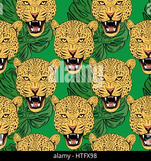 vector leopards in colorful tropical flowers seamless background. Stock Vector