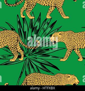 vector leopards in colorful tropical flowers seamless background. Stock Vector