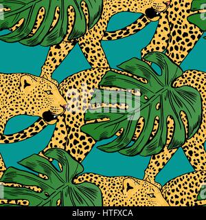 vector leopards in colorful tropical flowers seamless background. Stock Vector