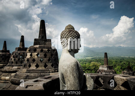 Buddha statue in Borobudur Temple - Java, Indonesia Stock Photo