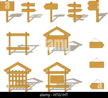 Set of Wooden Plank Boards, Billboards, Arrow Pointers and Signs with Shadows, Isolated on White Background. Vector Stock Vector