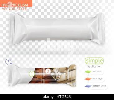 Chocolate bar, white polyethylene packaging. Hyperrealism vector style simple application Stock Vector