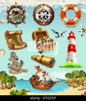 Marine set, summer vacation 3d vector icons Stock Vector