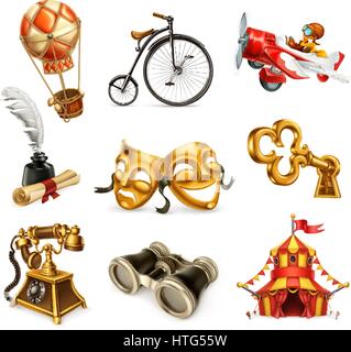 Old objects. Vintage icon set, 3d vector Stock Vector
